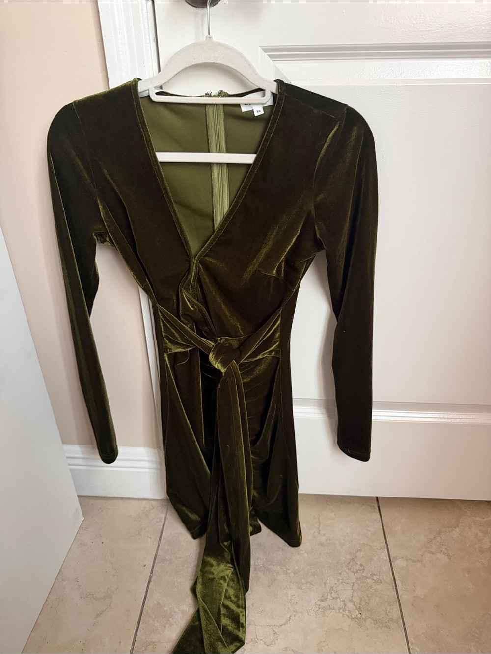 superdown Olive Velvet Wrap Dress with Tie